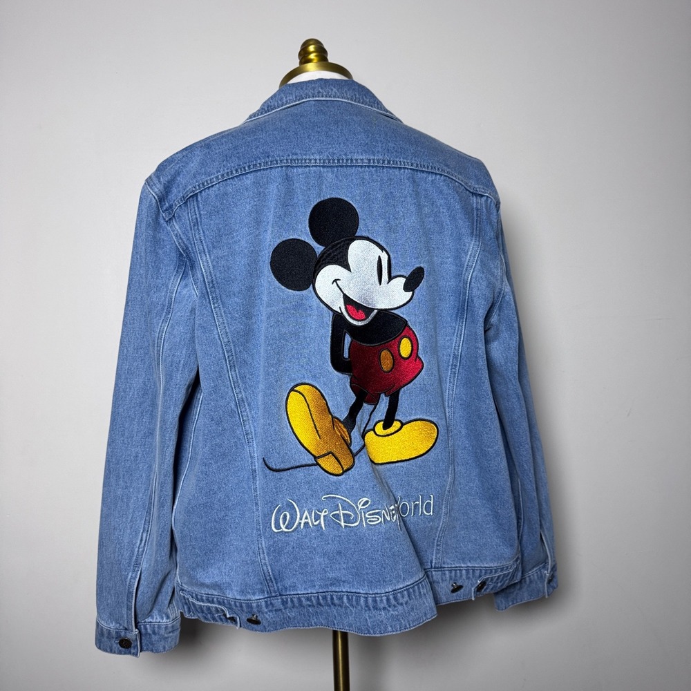 Disney Denim Jacket Mens Large Blue Solid Mickey Mouse Embroidered Trucker